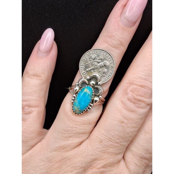 Kingman Turquoise Ring, Size 7.25, 925 Silver, Navajo Southwestern Style - Picture 6 of 8